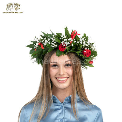 Corona di laurea Queenly, corona di alloro con rose stabilizzate gypsophila