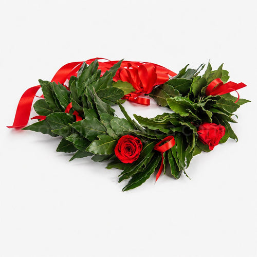 Corona d'alloro laurea Princely, corona di laurea roselline stabilizzate e fiocchetti di raso - coronedilaurea.com