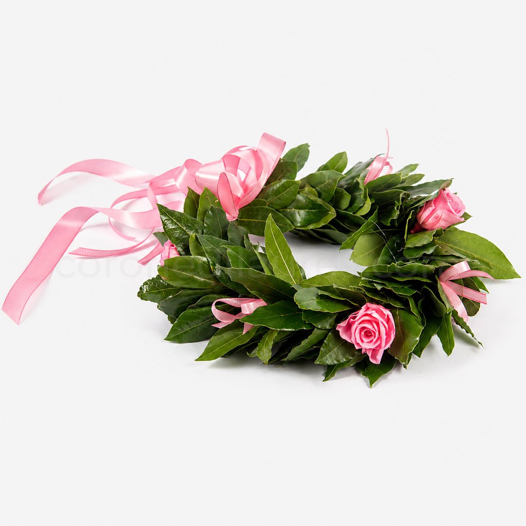 Corona d'alloro laurea Princely, corona di laurea roselline stabilizzate e fiocchetti di raso - coronedilaurea.com