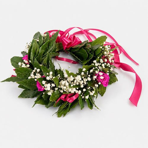 Corona di laurea Queenly, corona di alloro con rose stabilizzate gypsophila - coronedilaurea.com