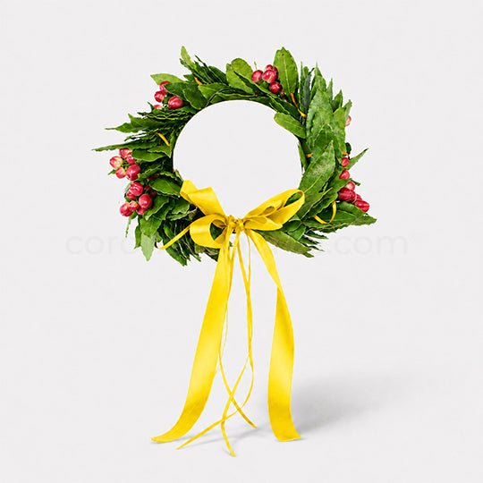 Corona laurea Hyper, corona di alloro fresco e bacche di hypericum rosso - coronedilaurea.com