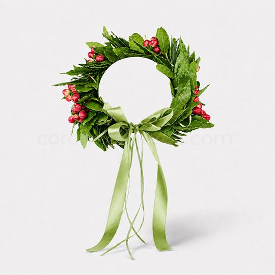 Corona laurea Hyper, corona di alloro fresco e bacche di hypericum rosso - coronedilaurea.com