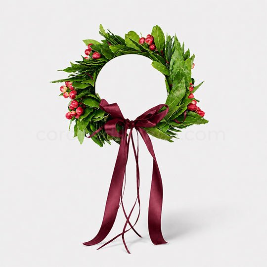 Corona laurea Hyper, corona di alloro fresco e bacche di hypericum rosso - coronedilaurea.com
