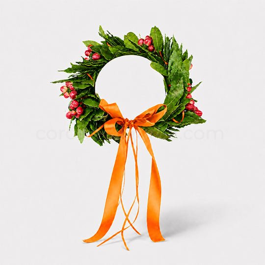 Corona laurea Hyper, corona di alloro fresco e bacche di hypericum rosso - coronedilaurea.com