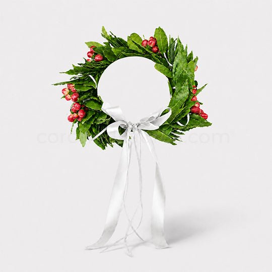 Corona laurea Hyper, corona di alloro fresco e bacche di hypericum rosso - coronedilaurea.com