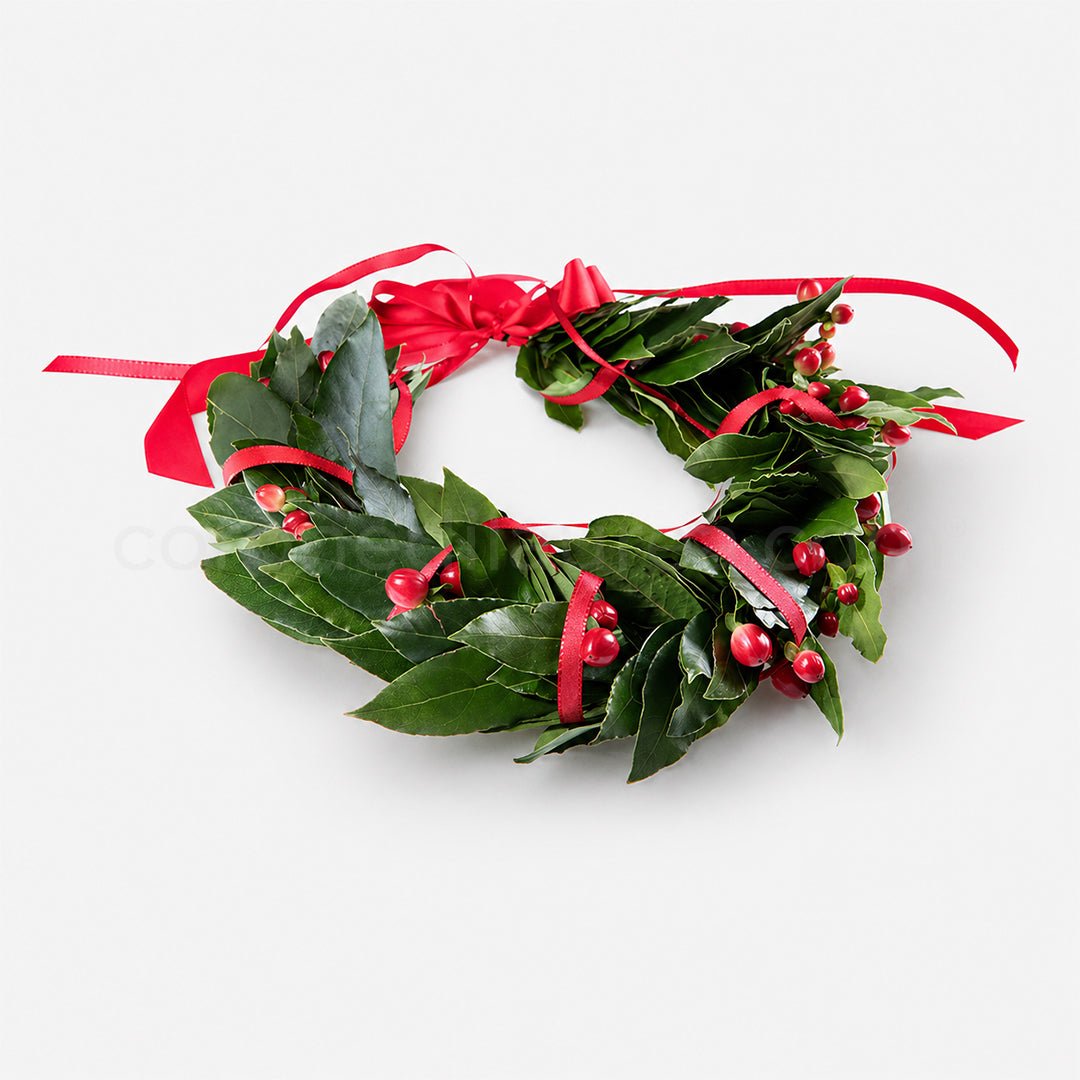 Corona laurea Hyper, corona di alloro fresco e bacche di hypericum rosso - coronedilaurea.com