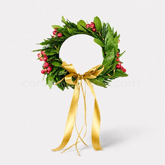 Corona laurea Hyper, corona di alloro fresco e bacche di hypericum rosso - coronedilaurea.com