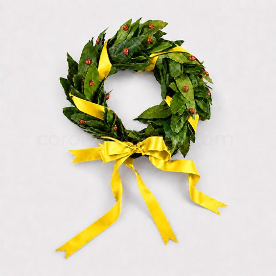 Corona per Laurea Good Luck, corona di alloro per laurea con coccinelle (artificiali) - Fiocco giallo - coronedilaurea.com