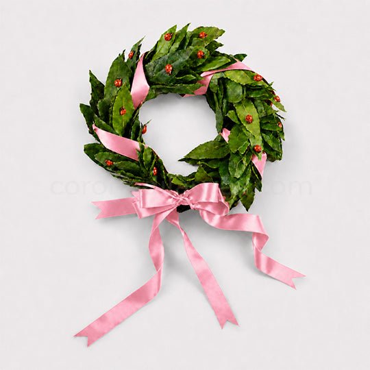 Corona per Laurea Good Luck, corona di alloro per Laurea con coccinelle (artificiali) - Fiocco rosa - coronedilaurea.com
