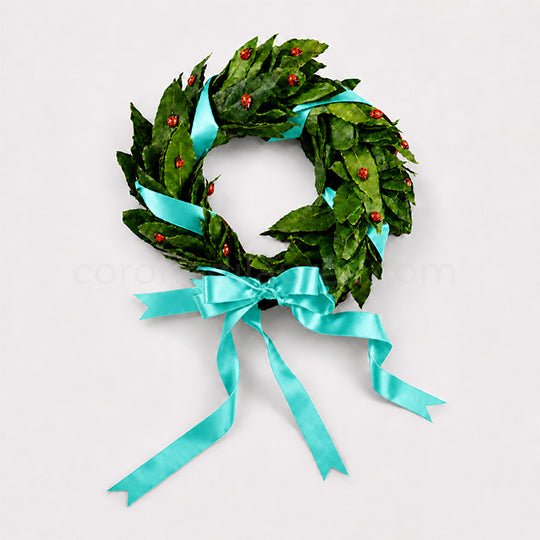 Corona per Laurea Good Luck, corona di alloro laurea con coccinelle (artificiali) - Fiocco Tiffany - coronedilaurea.com