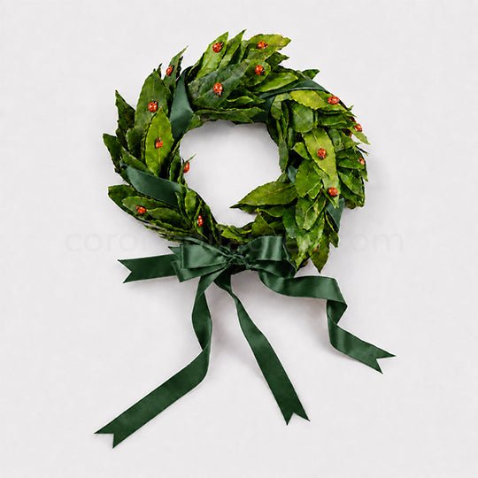 Corona per Laurea Good Luck, corona di alloro laurea con coccinelle (artificiali) - Fiocco verde scuro - coronedilaurea.com