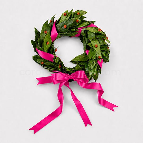 Corona per Laurea Good Luck, corona di alloro laurea con coccinelle (artificiali) - Fiocco fucsia - coronedilaurea.com