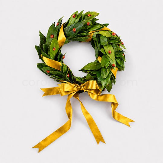 Corona per Laurea Good Luck, corona di alloro laurea con coccinelle (artificiali) - Fiocco oro - coronedilaurea.com