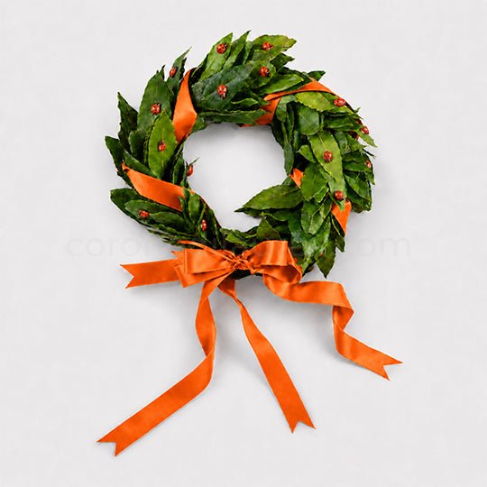 Corona per Laurea Good Luck, corona di alloro per laurea con coccinelle (artificiali) - Fiocco arancione - coronedilaurea.com