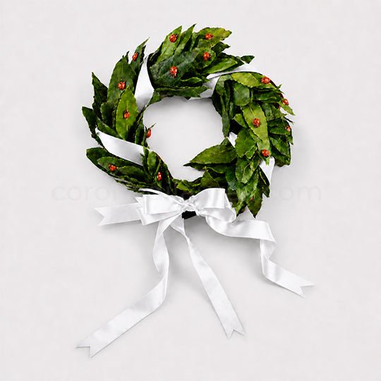 Corona per Laurea Good Luck, corona di alloro laurea con coccinelle (artificiali) - Fiocco bianco - coronedilaurea.com