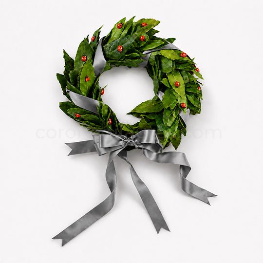 Corona per Laurea Good Luck, corona di alloro per Laurea con coccinelle (artificiali) - Fiocco grigio - coronedilaurea.com