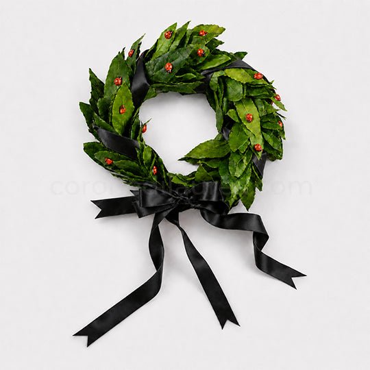 Corona per Laurea Good Luck, corona di alloro per laurea con coccinelle (artificiali) - Fiocco nero - coronedilaurea.com