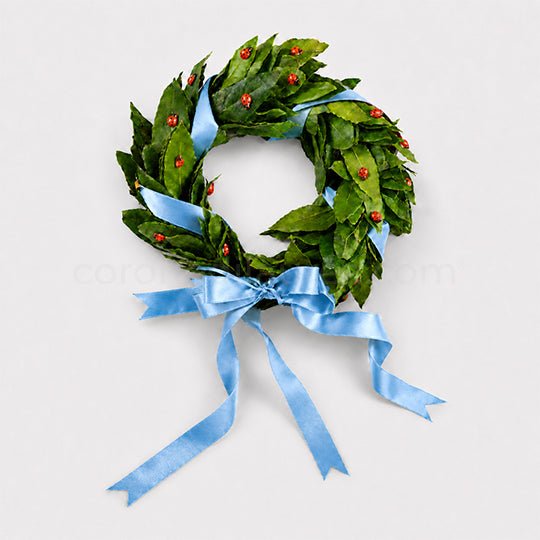 Corona per Laurea Good Luck, corona di alloro per laurea con coccinelle (artificiali) - Fiocco celeste - coronedilaurea.com