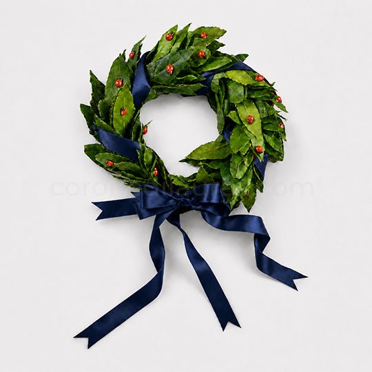 Corona per Laurea Good Luck, corona di alloro laurea con coccinelle (artificiali) - Fiocco blu navy - coronedilaurea.com