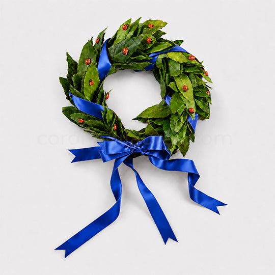 Corona per Laurea Good Luck, corona di alloro per laurea con coccinelle (artificiali) - Fiocco blu Royal - coronedilaurea.com