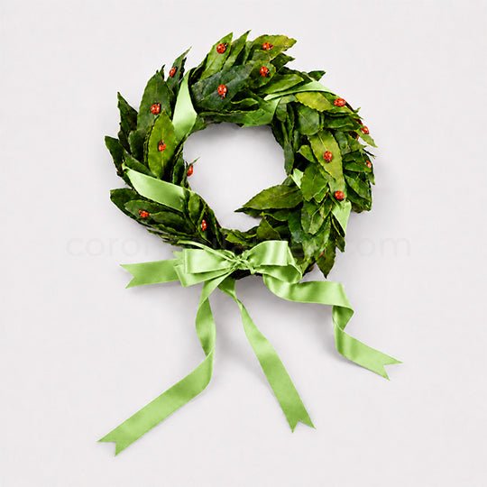 Corona per Laurea Good Luck, corona di alloro laurea con coccinelle (artificiali) - Fiocco verde chiaro - coronedilaurea.com