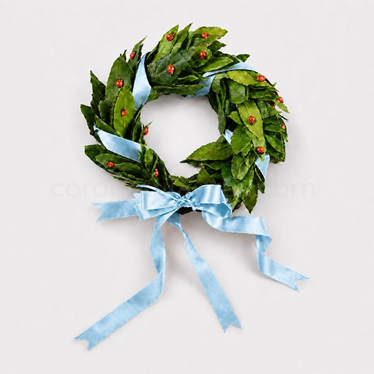 Corona per Laurea Good Luck, corona di alloro per laurea con coccinelle (artificiali) - Fiocco azzurro - coronedilaurea.com