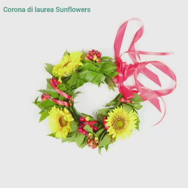 Corona di laurea Sunflowers - con foglie di alloro biologico fresco, girasoli e bacche rosse - spedizione gratuita - coronedilaurea.com